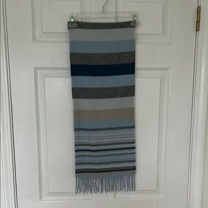 Striped Wool Scarf - Blue and Gray, 100% acrylic.